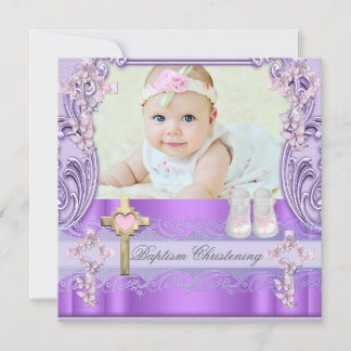 Baptism Pink Purple Cross Girl Photo Christening Invitation