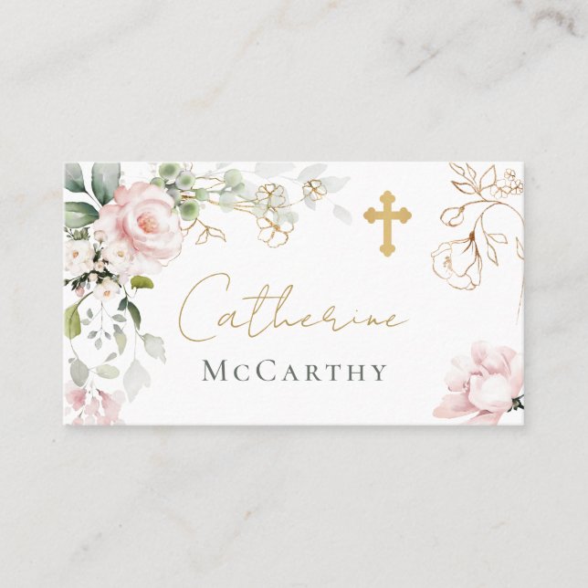 Baptism Pink Roses Foliage Place card (Front)