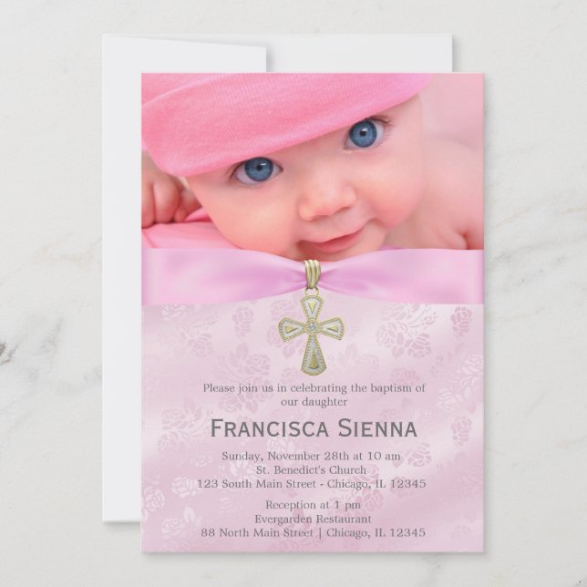 Baptism Pink Roses with photo Invitation (Front)