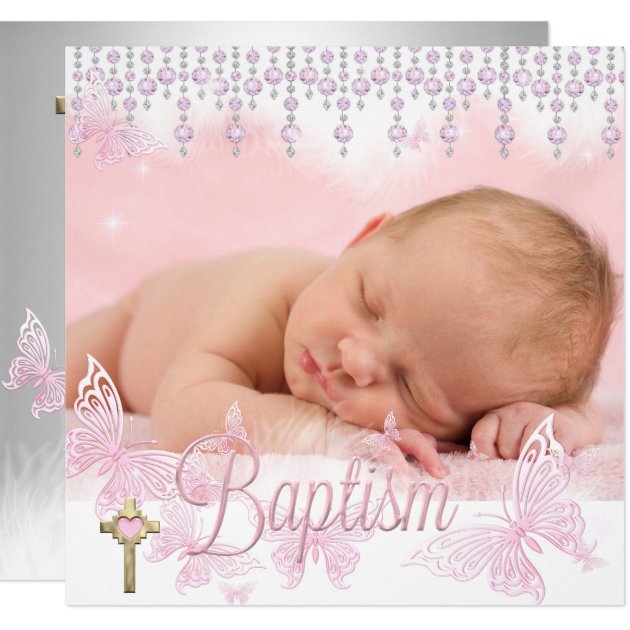 Baptism Pink Silver Butterfly Cross Invitation