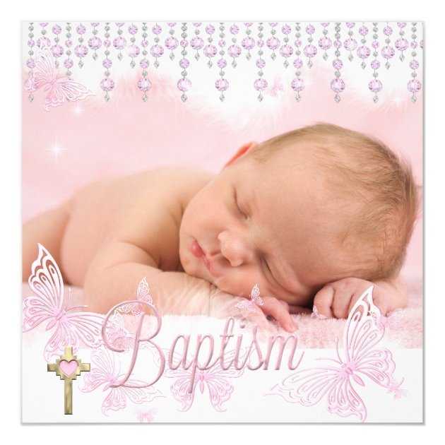 Baptism Pink Silver Butterfly Cross Invitation