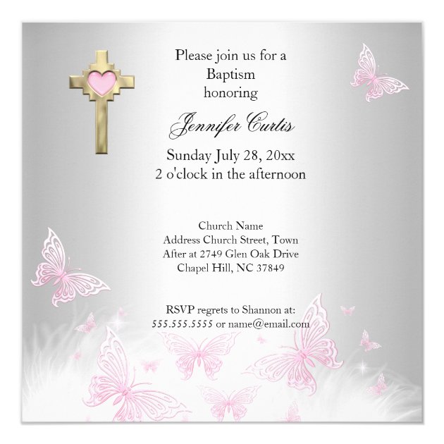 Baptism Pink Silver Butterfly Cross Invitation