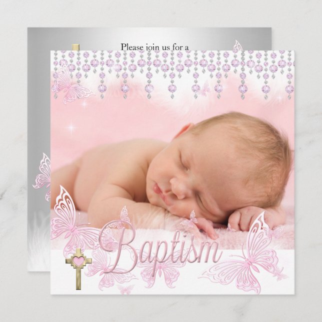Baptism Pink Silver Butterfly Cross Invitation (Front/Back)