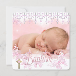 Baptism Pink Silver Butterfly Cross Invitation