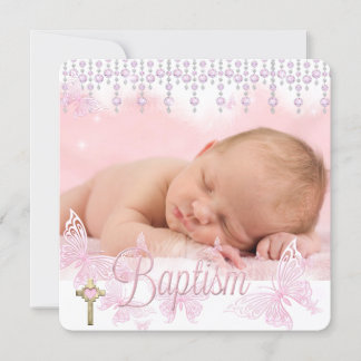 Baptism Pink Silver Butterfly Cross Invitation