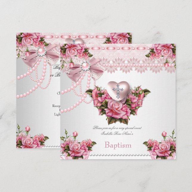 Baptism Pink Silver Heart Cross Girl Rose 5 Invitation (Front/Back)