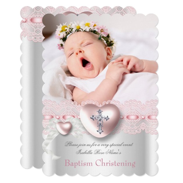 Baptism Pink Silver Photo Heart Cross Girl Card