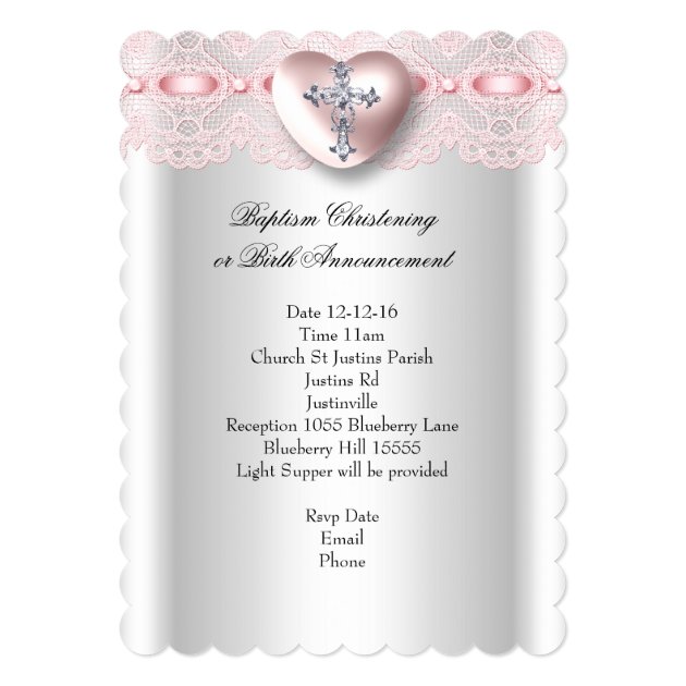 Baptism Pink Silver Photo Heart Cross Girl Card