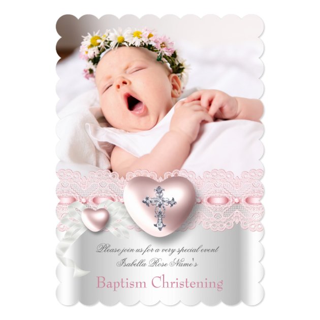 Baptism Pink Silver Photo Heart Cross Girl Card
