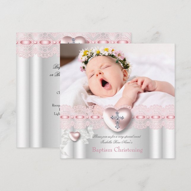 Baptism Pink Silver Photo Heart Cross Girl Invitation (Front/Back)