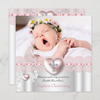 Baptism Pink Silver Photo Heart Cross Girl Invitation
