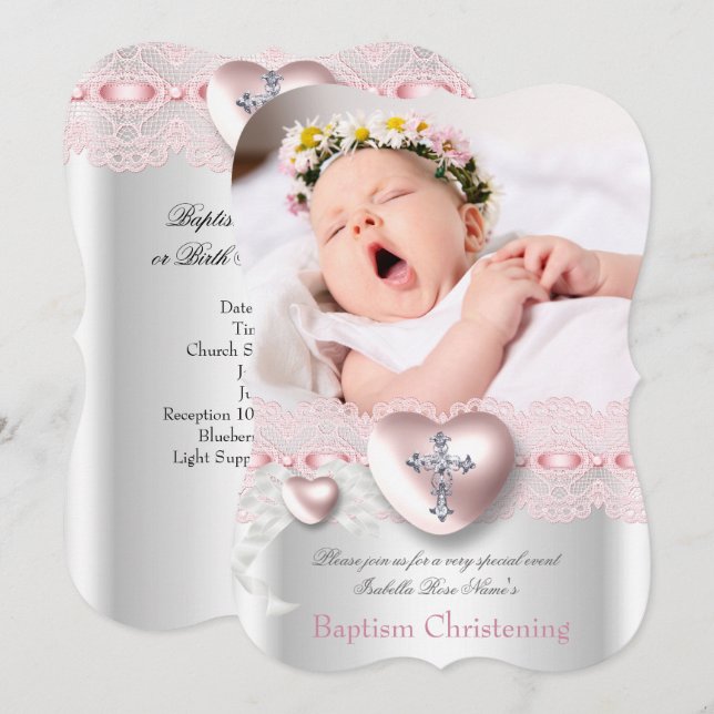 Baptism Pink Silver Photo Heart Cross Girl Invitation (Front/Back)