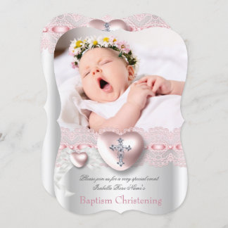 Baptism Pink Silver Photo Heart Cross Girl Invitation