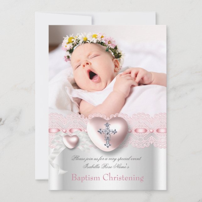 Baptism Pink Silver Photo Heart Cross Girl Invitation (Front)