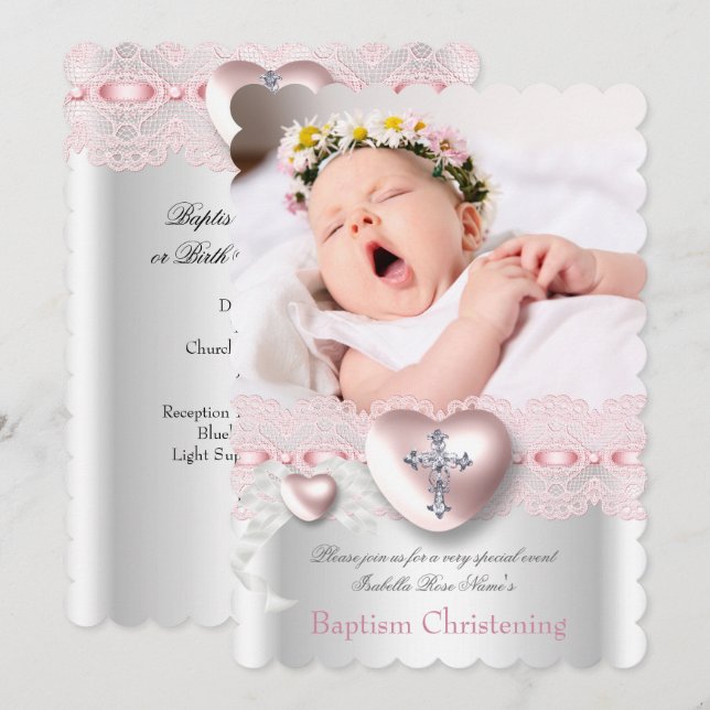 Baptism Pink Silver Photo Heart Cross Girl Invitation (Front/Back)