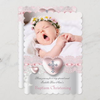 Baptism Pink Silver Photo Heart Cross Girl Invitation