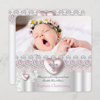 Baptism Pink Silver Photo Heart Cross Girl Pearl Invitation