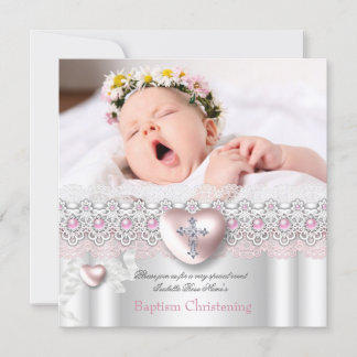 Baptism Pink Silver Photo Heart Cross Girl Pearl Invitation