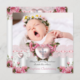 Baptism Pink Silver Photo Heart Cross Girl Rose 2 Invitation