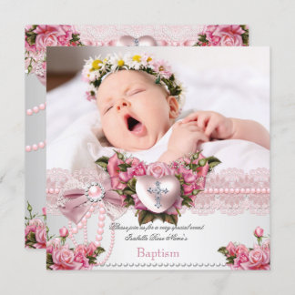 Baptism Pink Silver Photo Heart Cross Girl Rose 4 Invitation