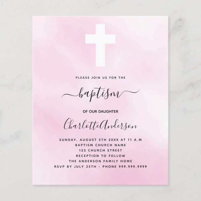 Baptism pink sky girl cross budget invitation flyer (Front)