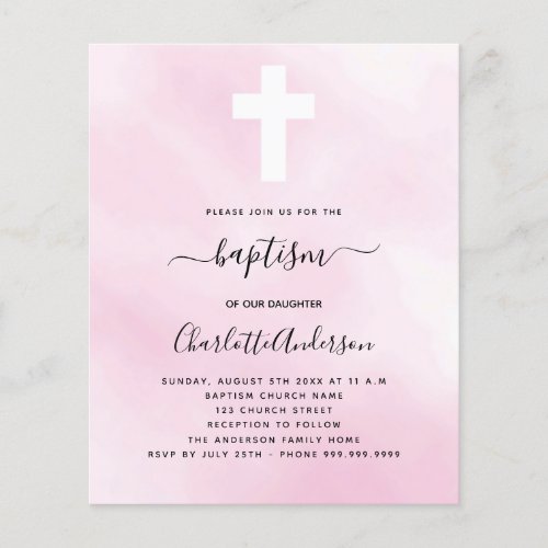 Baptism pink sky girl cross budget invitation flyer