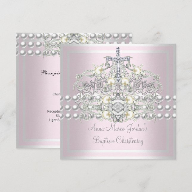 Baptism Pink Tiara Silver White Pearl Diamond Invitation (Front/Back)