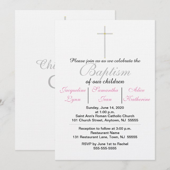 Baptism Pink Triplets Invitation (Front/Back)