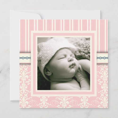 Baptism Pink Vintage Damask Photo Invitation
