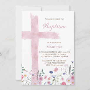 Baptism pink watercolor cross and flowers invitation