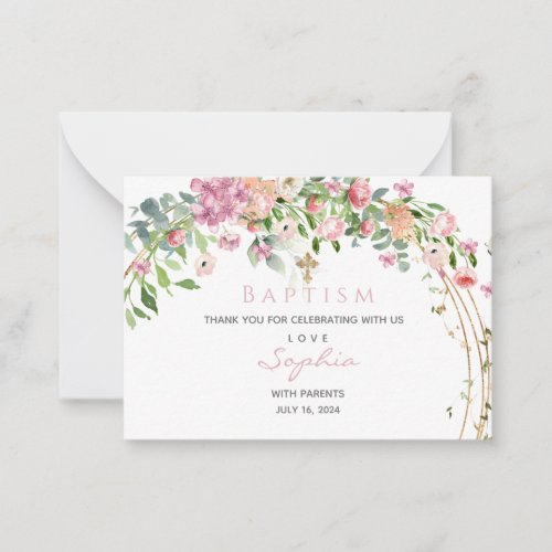 Baptism Pink Watercolour Floral Girl  Thank you  C Note Card