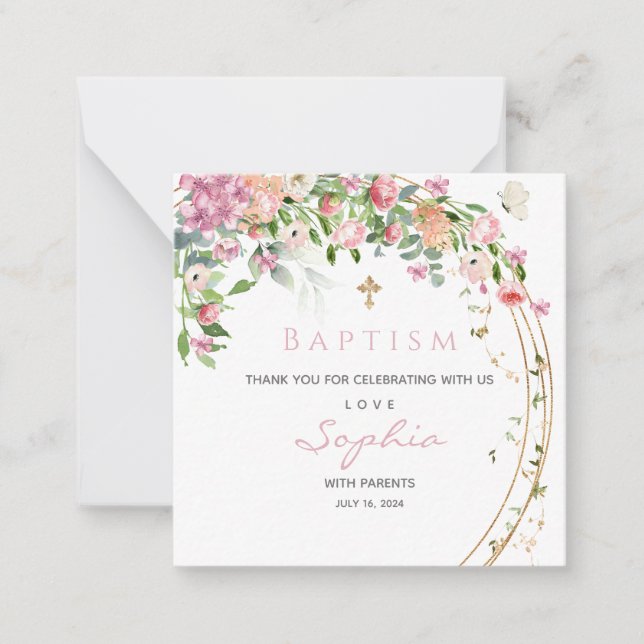 Baptism Pink Watercolour Floral Girl  Thank you  Note Card (Front)