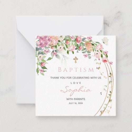Baptism Pink Watercolour Floral Girl  Thank you  Note Card