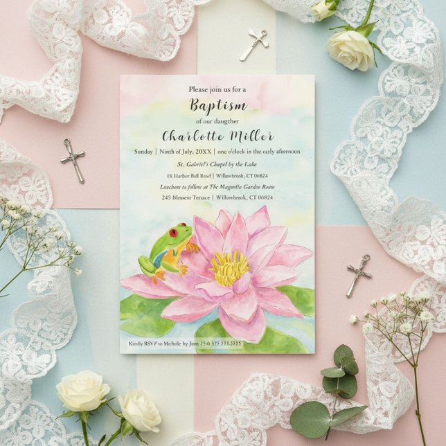 Baptism Pink Waterlily & Tree Frog Invitation (Creator Uploaded)
