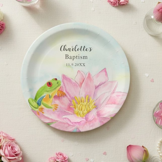 Baptism Pink Waterlily & Tree Frog Paper Plates (Creator Uploaded)