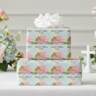 Baptism Pink Waterlily & Tree Frog Wrapping Paper