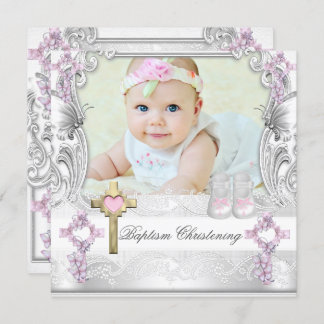 Baptism Pink White Cross Girl Photo Christening Invitation