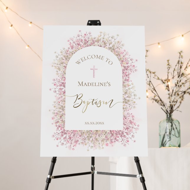 Baptism pink white floral welcome foam board (In Situ (Stand))