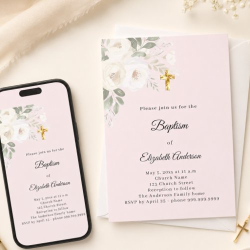 Baptism pink white florals girl invitation