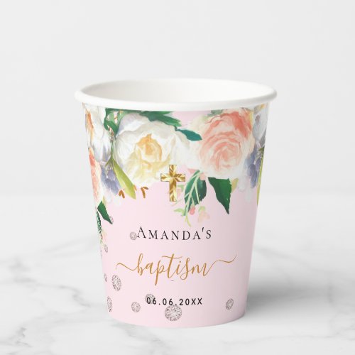 Baptism pink white flowers girl paper cups