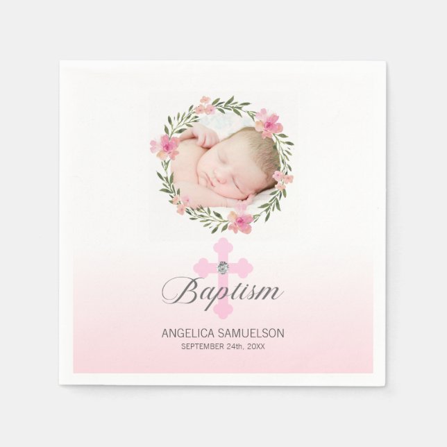 Baptism Pink White Girl Floral Cross | PHOTO Napkins (Front)