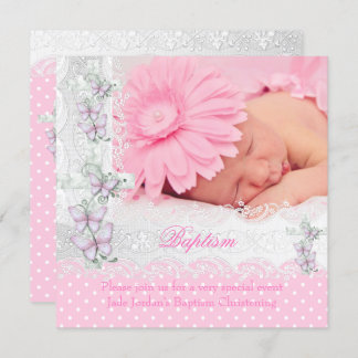 Baptism Pink White Lace Photo Butterfly Cross Girl Invitation