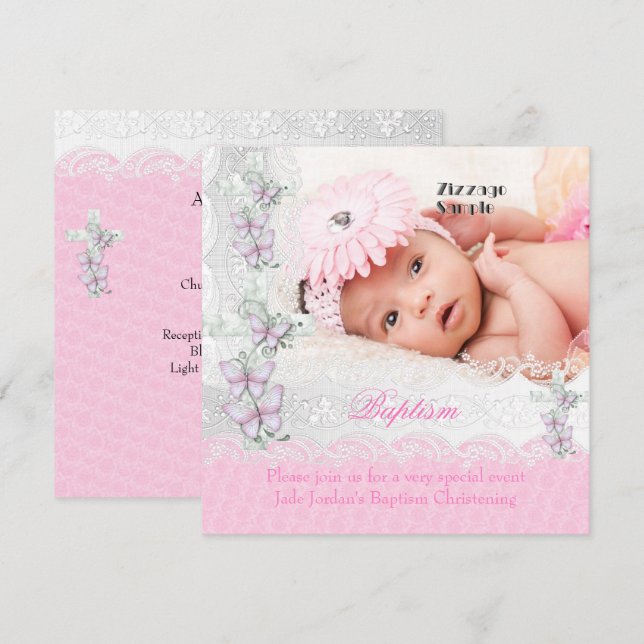 Baptism Pink White Lace Photo Butterfly Cross Girl Invitation (Front/Back)