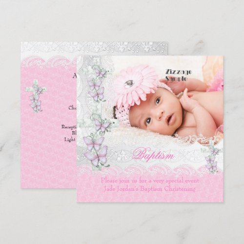 Baptism Pink White Lace Photo Butterfly Cross Girl Custom Invite
