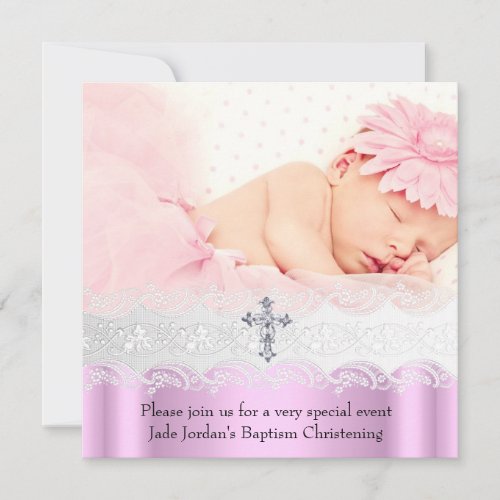Baptism Pink White Lace Photo Jewel Cross Girl Personalized Invitation