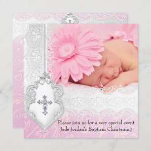 Baptism Pink White Lace Photo Jewel Cross Girl Invitation
