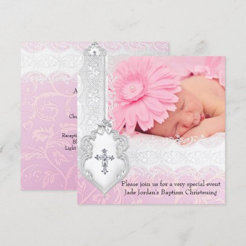 Baptism Pink White Lace Photo Jewel Cross Girl Custom Announcement