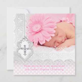 Baptism Pink White Lace Photo Jewel Cross Girl Invitation