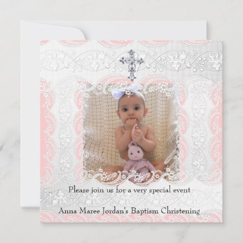 Baptism Pink White Lace Photo Jewel Cross Invite
