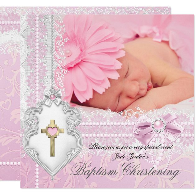 Baptism Pink White Lace Photo Pearl Cross Girl Card